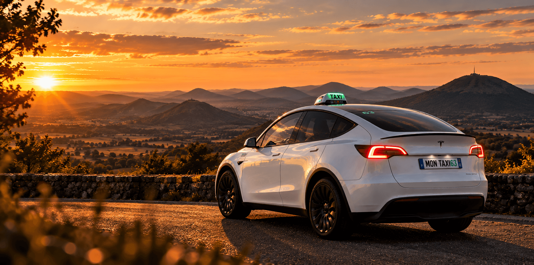 Tesla Model Y de Mon Taxi 63 au coucher du soleil face à la chaîne des Puys